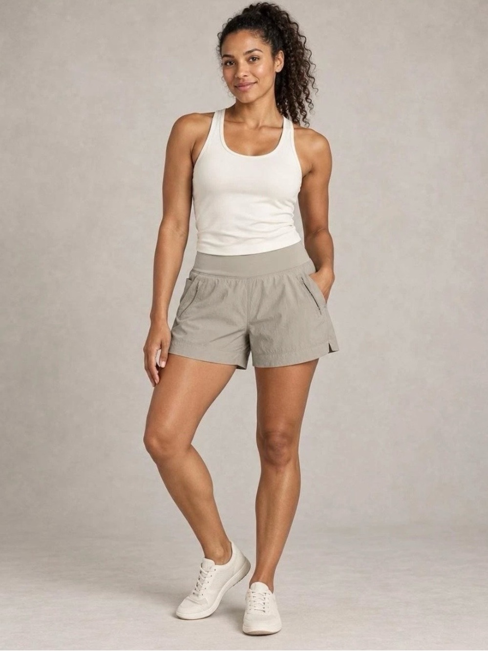 Athleta Trekkie North Shorts Size 10 Khaki 3” Inseam Zip Pockets